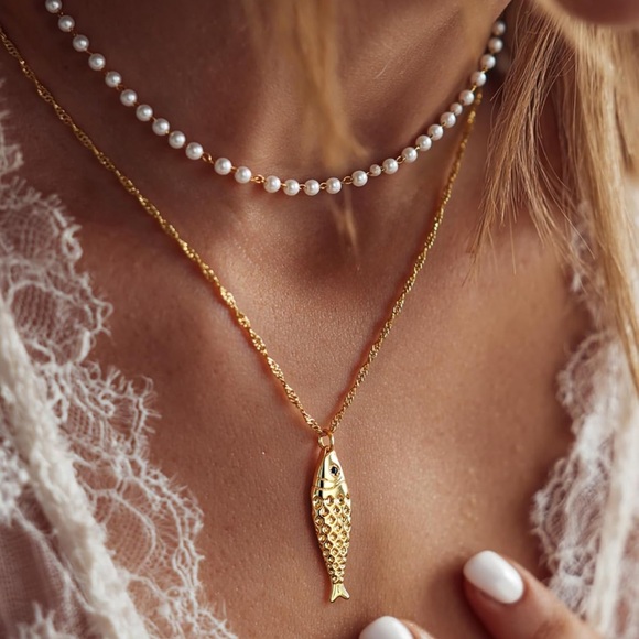 Anthropologie Jewelry - New! Ocean & Fish Layered Pearl Gold Necklace (1070) NWOT